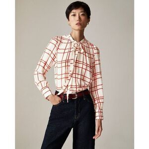 J.Crew Tie-neck top in plaid crepe de chine Ivory Red Size 2 NWT